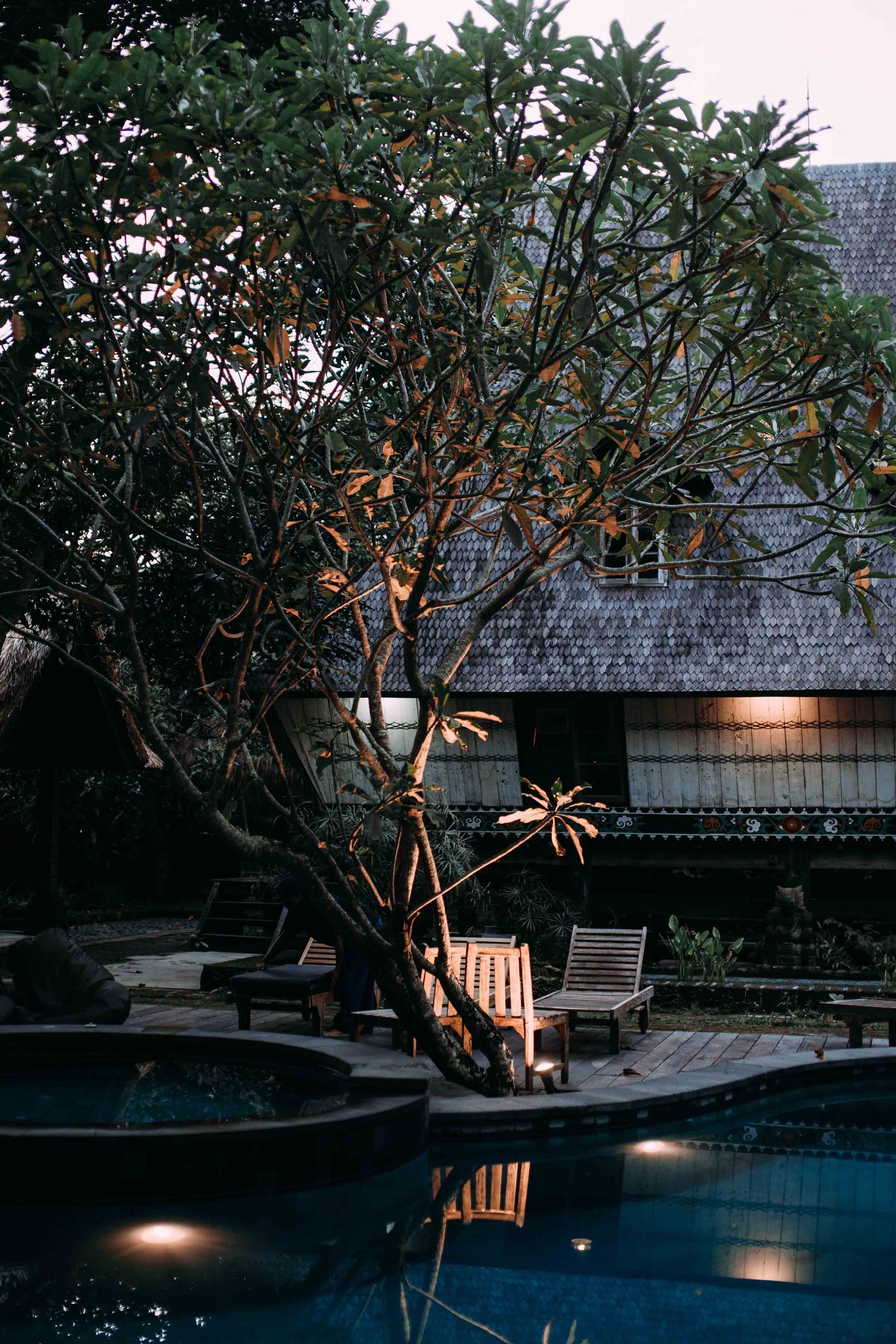 Lounge chairs and landscape lighting at dusk โ design inspiration